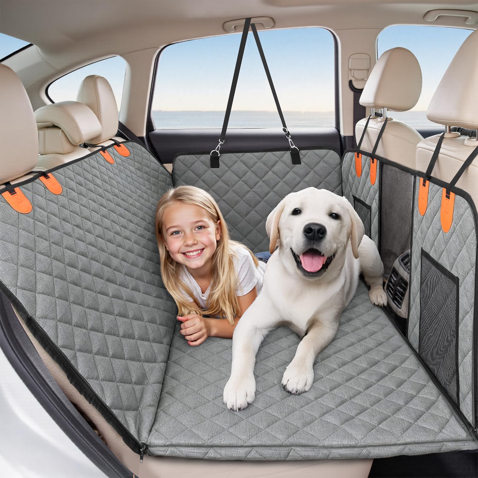 HOTEAGLE dog seat cover front view highlights waterproof fabric for easy cleaning.