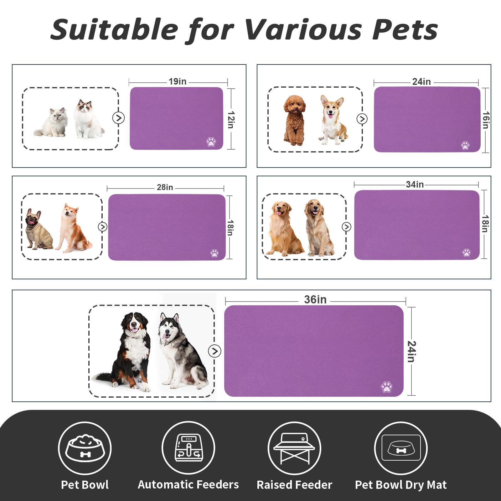 HotLive Paw Purple mat fits two bowls for spacious feeding areas