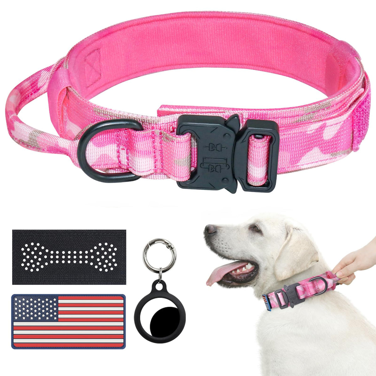 Hotsky tactical dog collar pink camo front view shows durable nylon and secure hardware for daily wear.