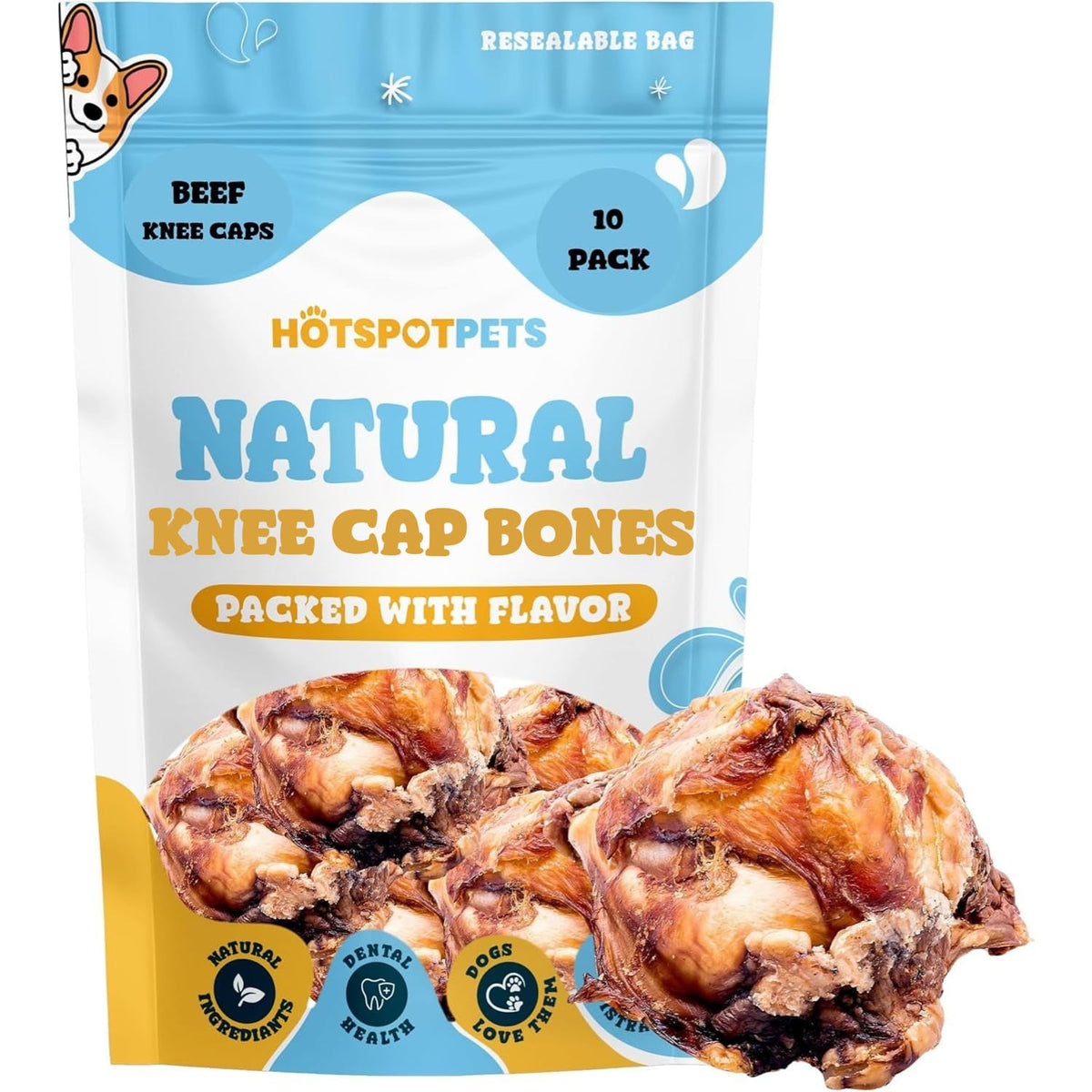 Hotspot Pets beef knee caps close-up, natural single-ingredient chew for aggressive chewers.