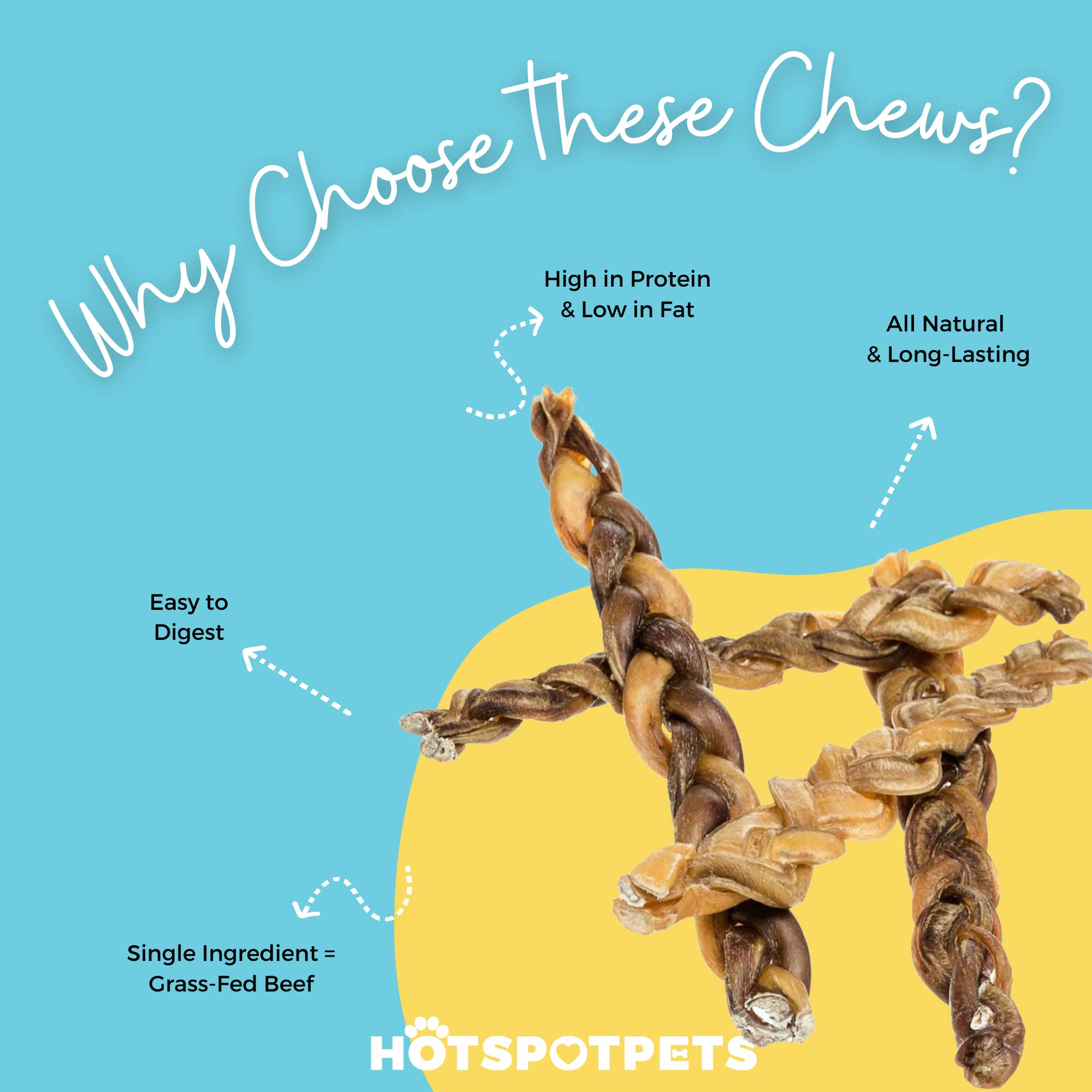 Hotspot Pets braided bully sticks 12inch close-up chew showing natural texture.