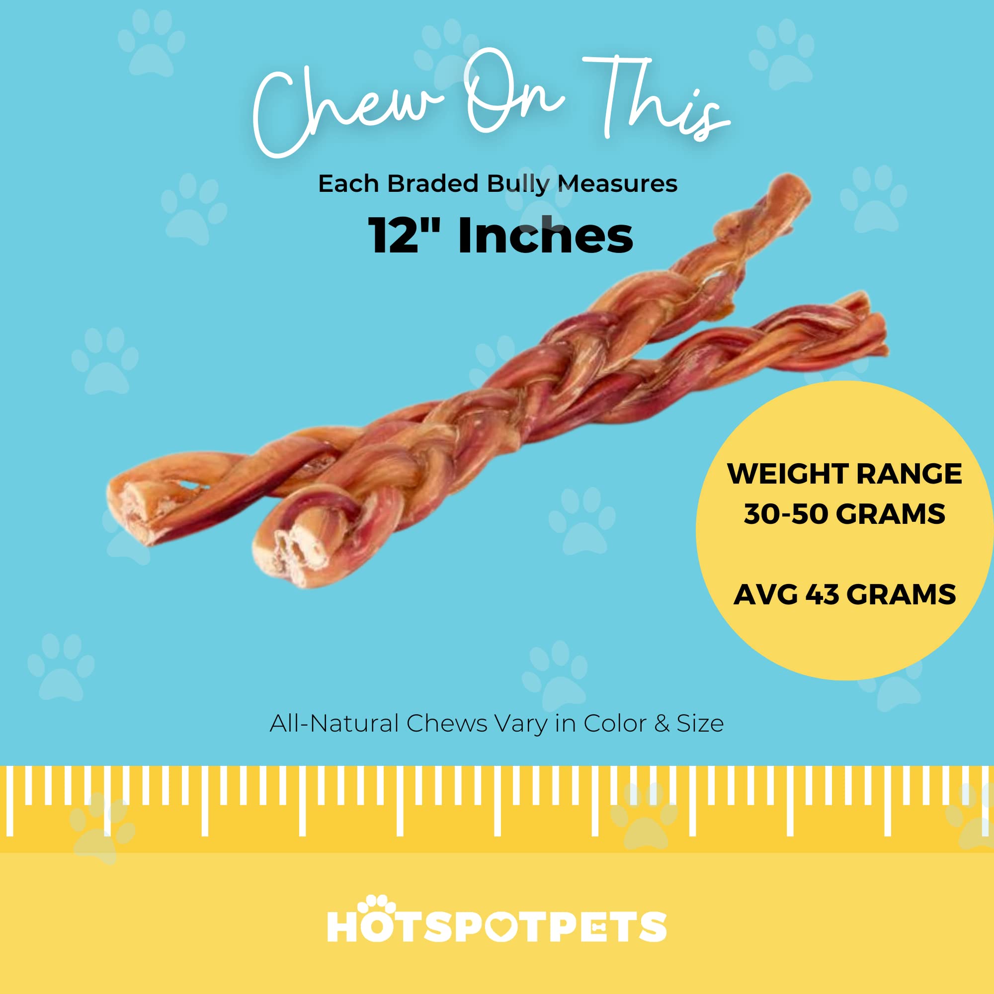 Hotspot Pets braided bully sticks 12inch textured braid highlights chew surface.
