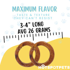 Hotspot Pets Bully Stick Rings texture close-up emphasizing beef pizzle quality.