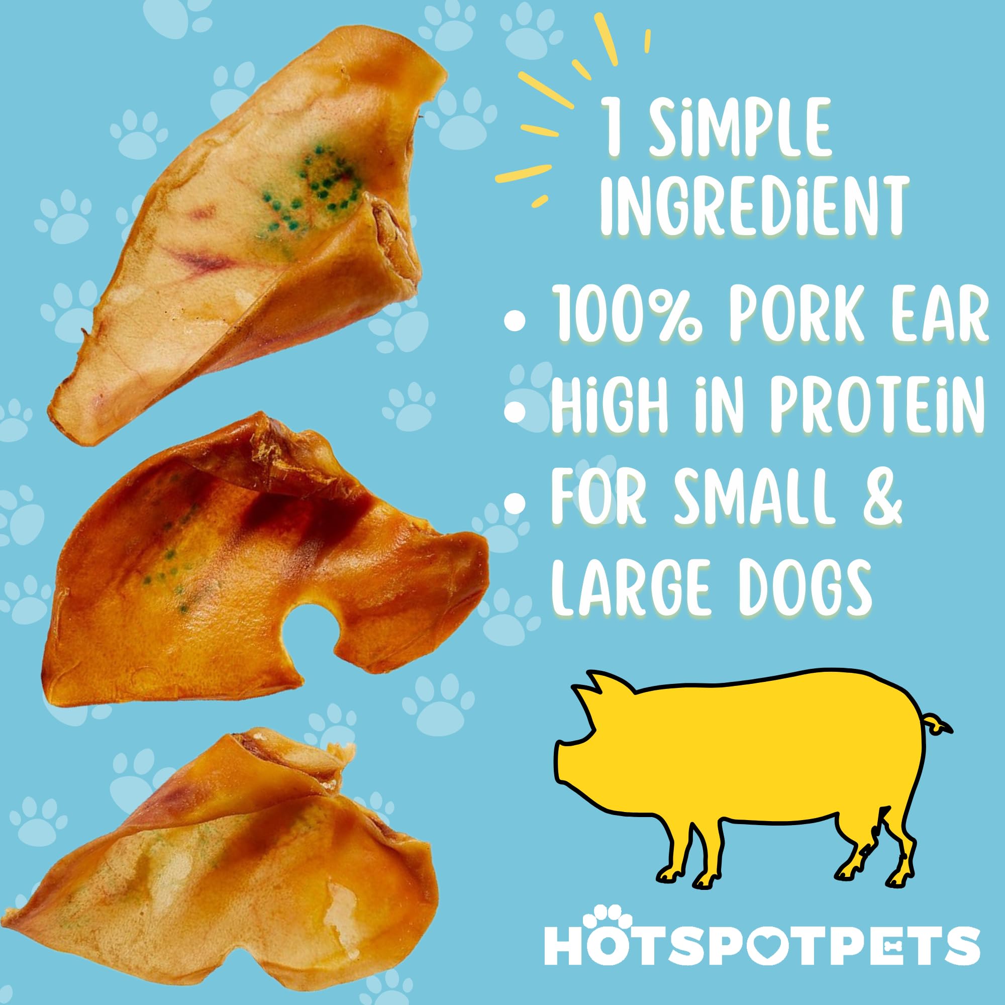Hotspot Pets digestible pig ears—grain-free and stomach-friendly chewy treat.