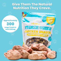 Hotspot Pets chicken hearts poured over kibble for meal enhancement.
