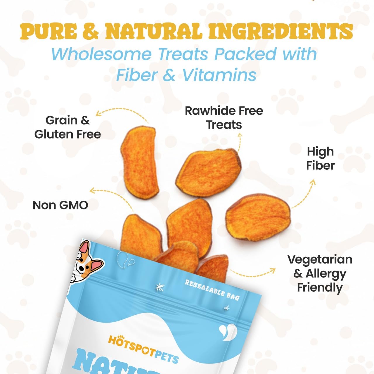 Hotspot Pets high-fiber sweet potato snacks laid out for healthy snacking.