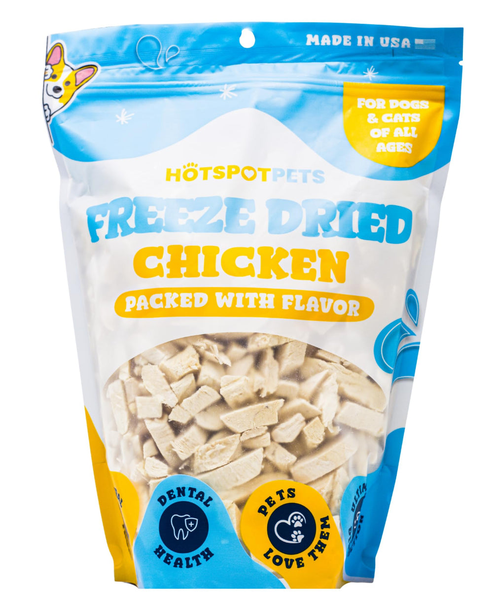 Hotspot Pets topper on kibble using freeze dried chicken bites.