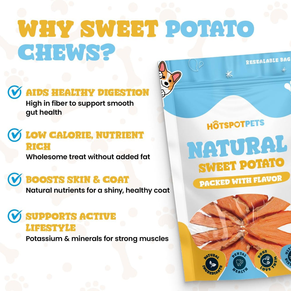 Hotspot Pets rawhide-free sweet potato treats closeup highlighting chewy, savory snack.