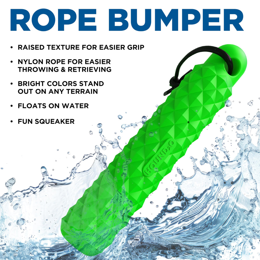 HOUND2O rope bumper squeaker closeup showcases added excitement during fetch.