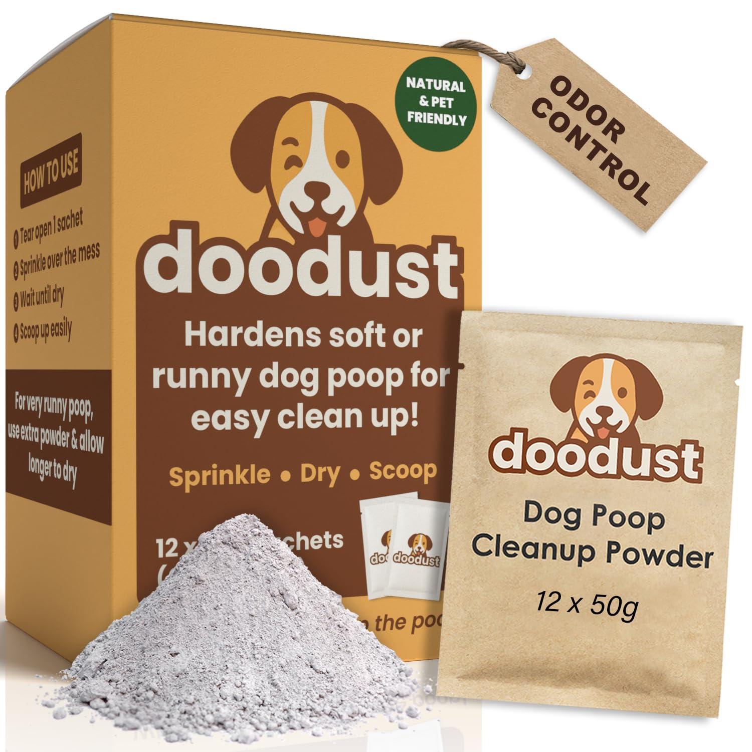 HOUNDGAMES dog poop powder pack front for easy yard cleanup on the go.
