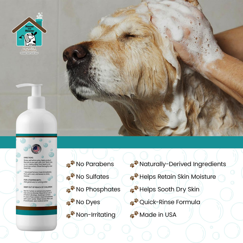 House and Hound hypoallergenic gentle shampoo highlights everyday use for puppies and sensitive skin.