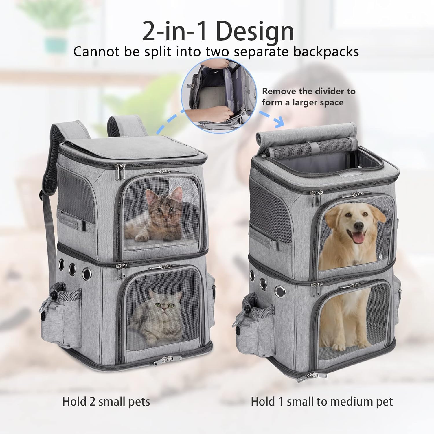 HOVONO removable divider converts two compartments into one larger space for a single pet.