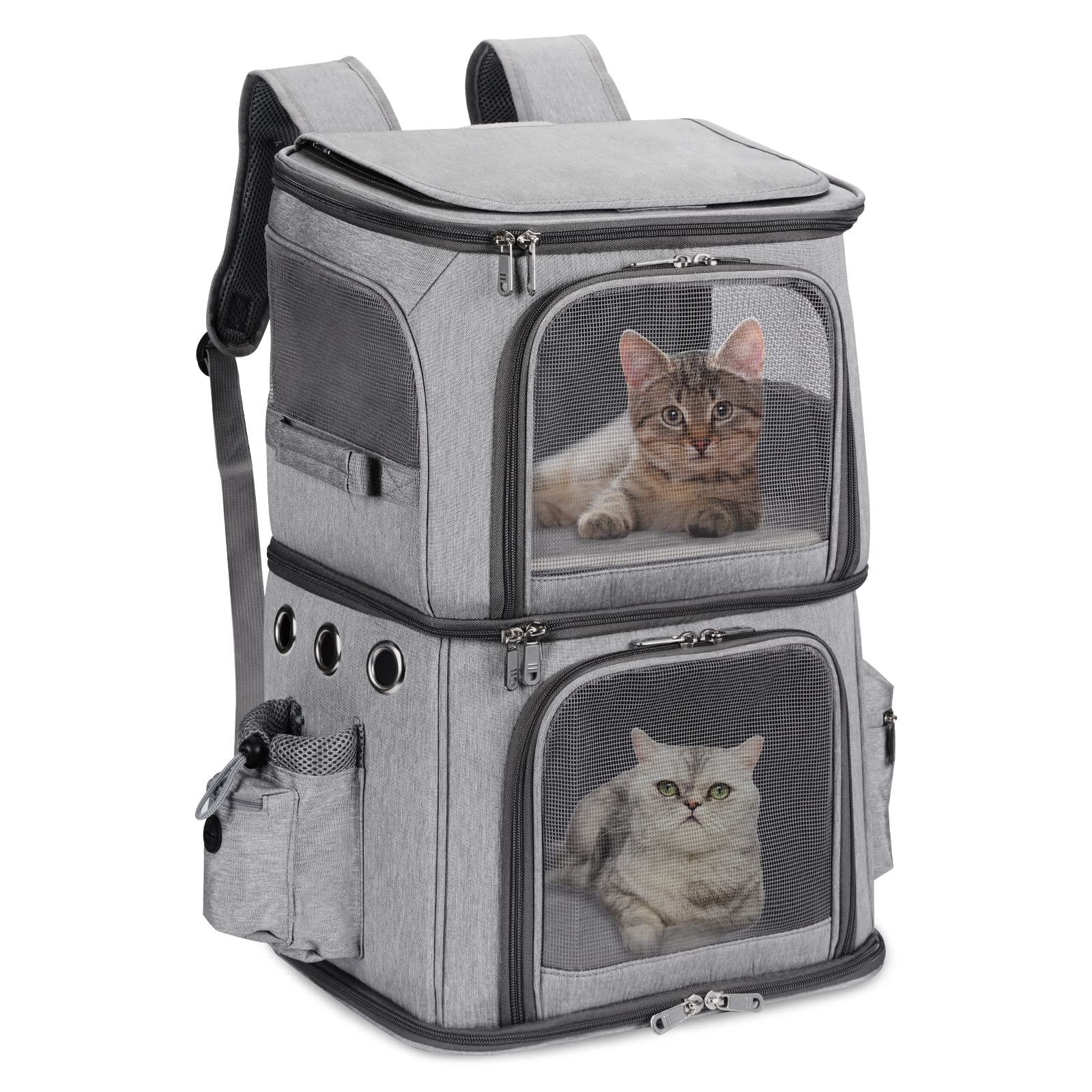 HOVONO double-compartment backpack top view for traveling with two small pets.