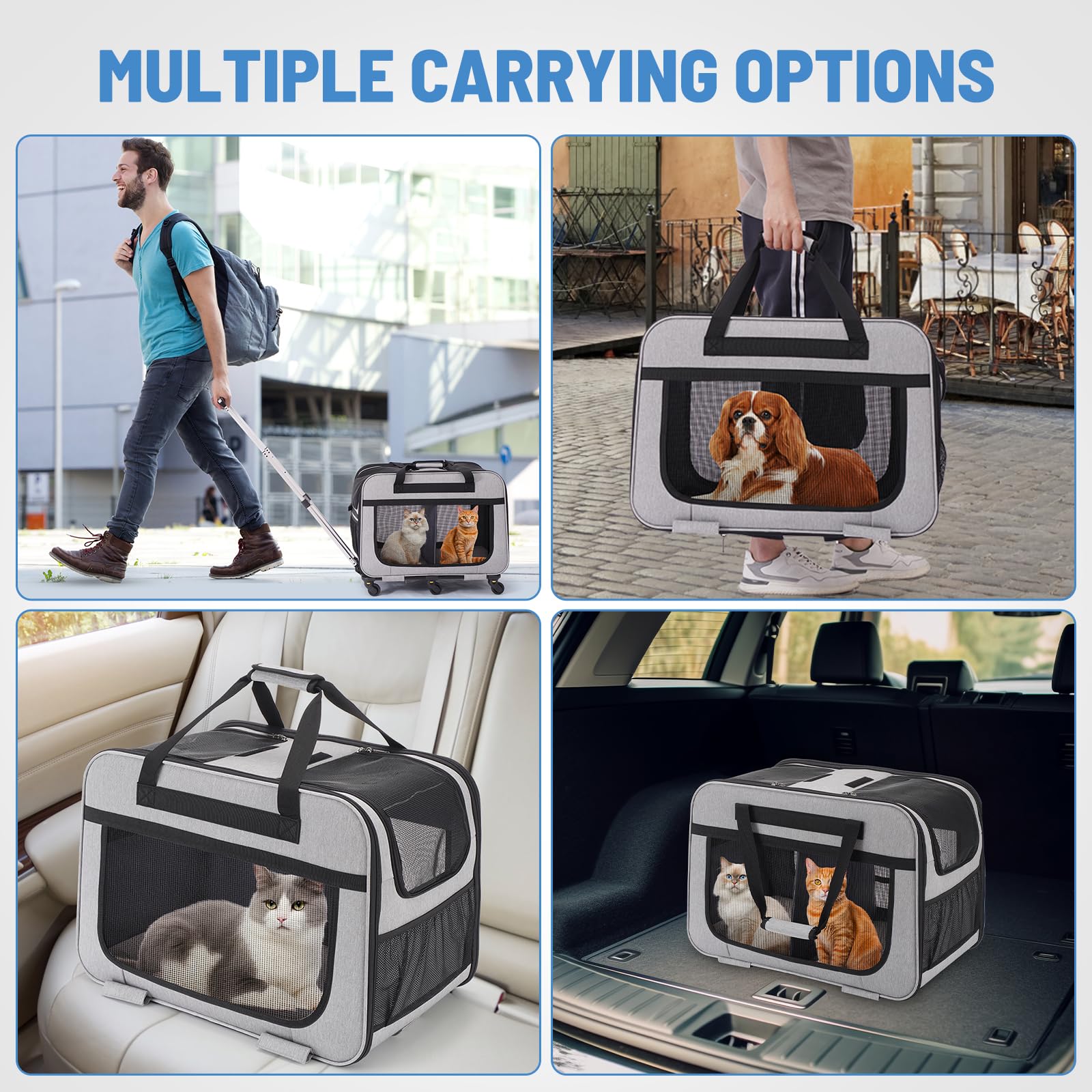 HOVONO rolling carrier in transit keeps pets calm with smooth wheels.