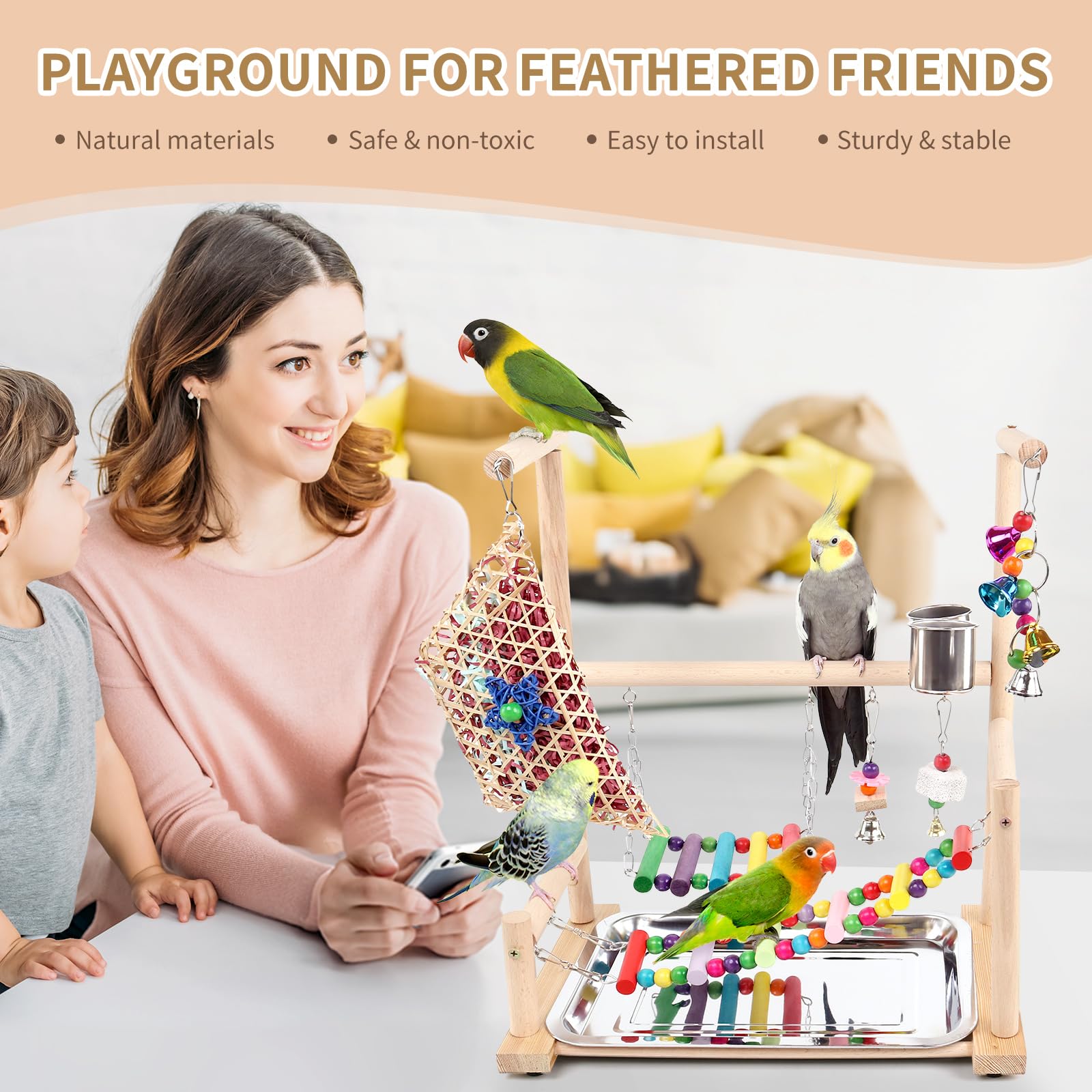 HPAWHOMEPART Bird Playground feeder cups simplify fresh-water access during play.