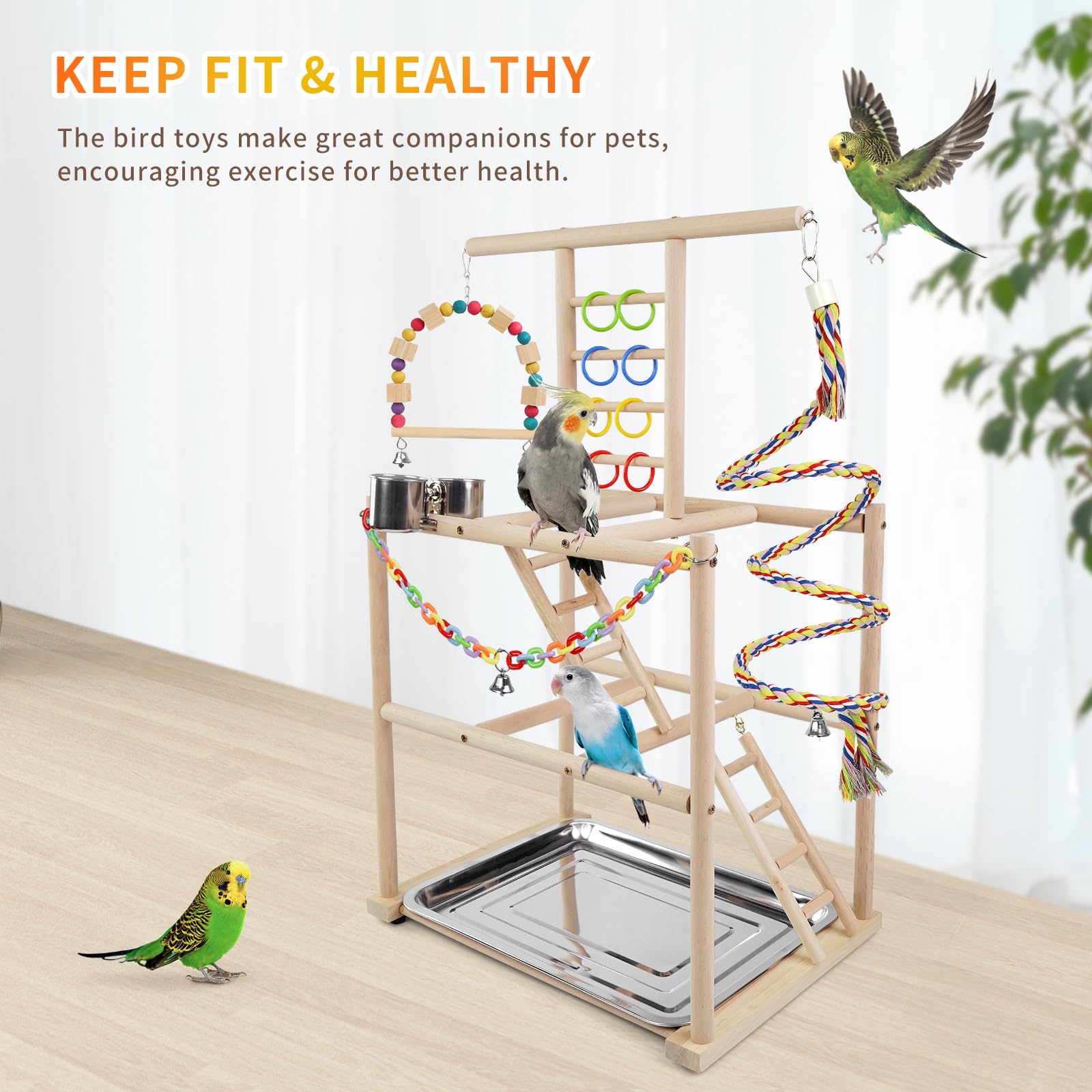 HPAWHOMEPART Bird Playground feeding cups support easy access during play.