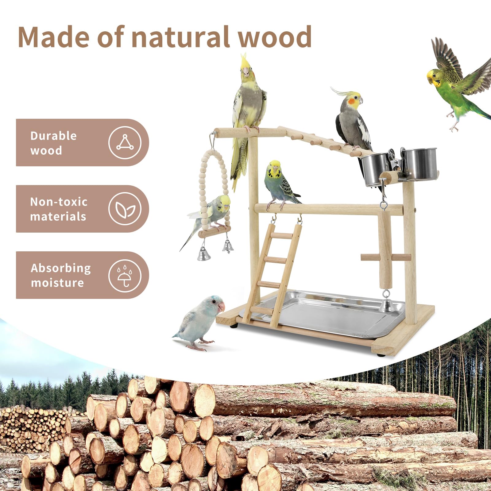 HPAWHOMEPART Bird Playground wooden stand emphasizes durable, non-toxic construction