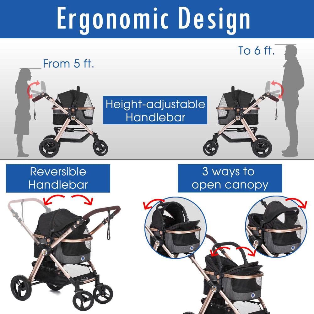 HPZ Pet Rover Prime rust-free aluminum frame in gold tone for durable luxury.