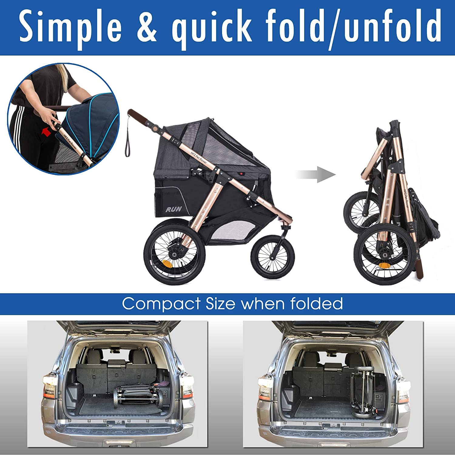 HPZ Pet Rover Run handlebar adjustability supports comfortable stride for caregivers.