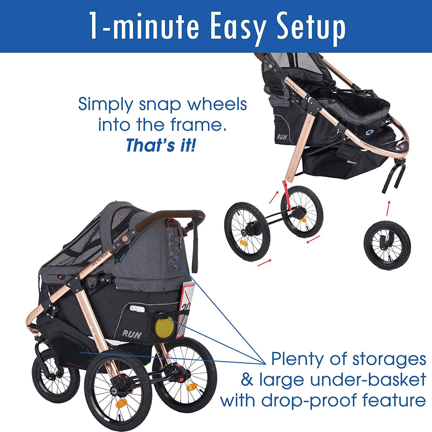 HPZ Pet Rover Run under-basket storage keeps gear secure on busy outings.