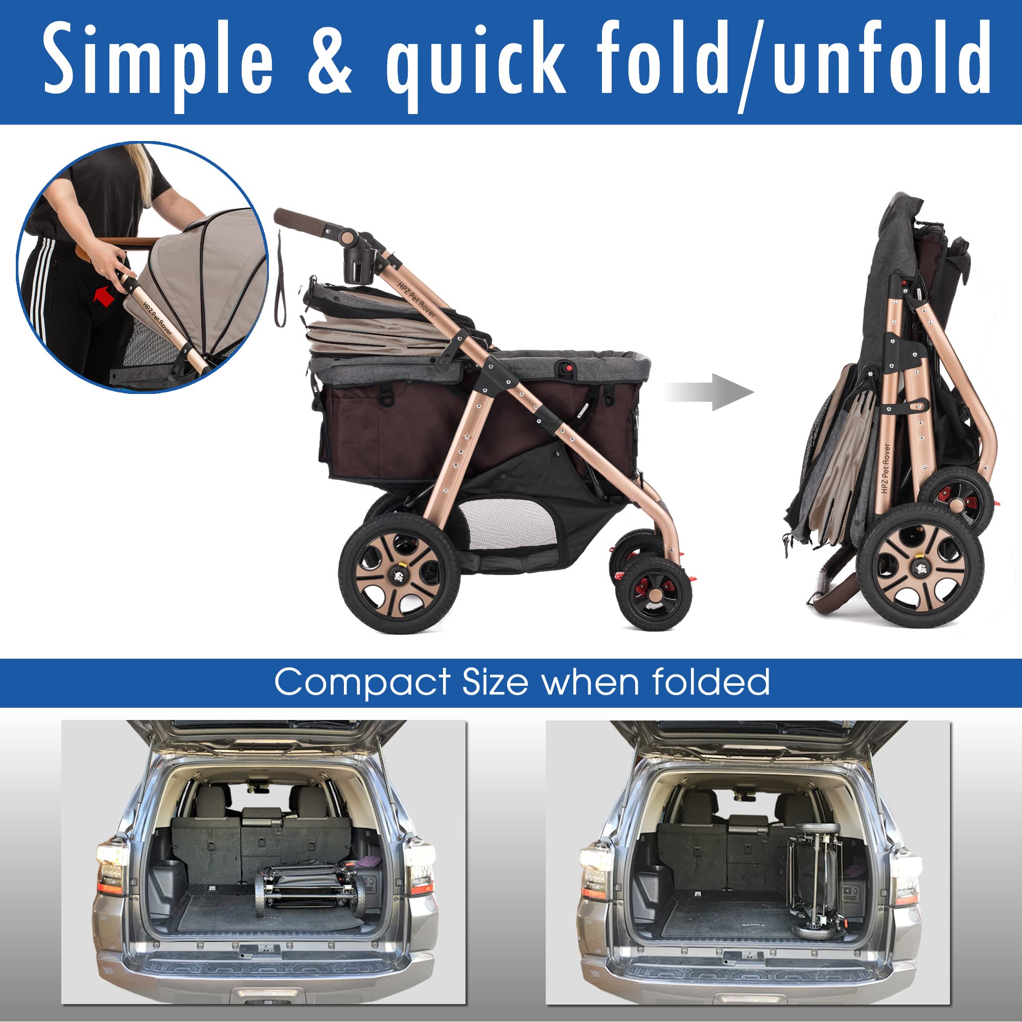 HPZ Pet Rover Titan-HD rugged all-terrain wheels ensure steady rides across surfaces.