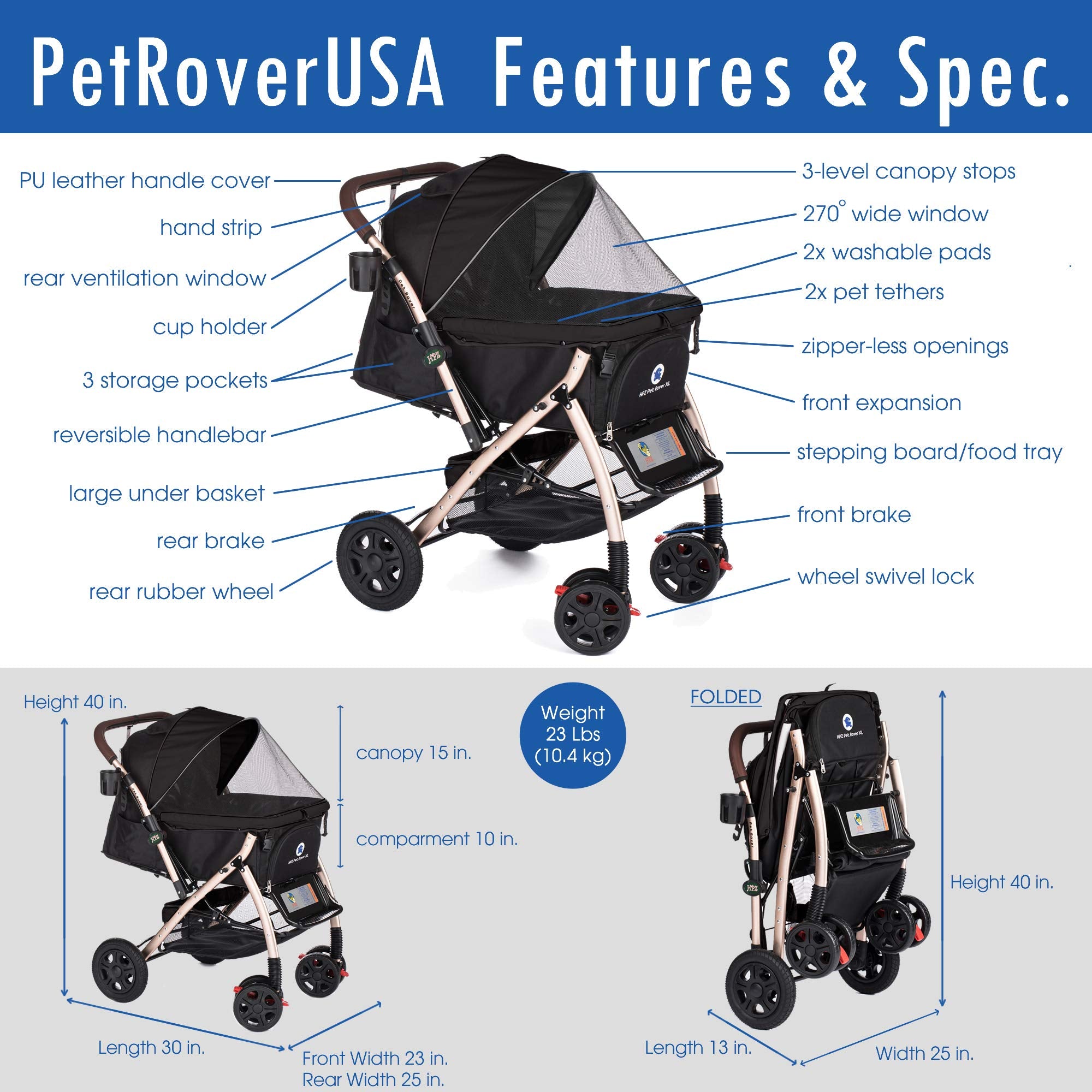 HPZ Pet Rover under-basket and pockets keep essentials within reach.