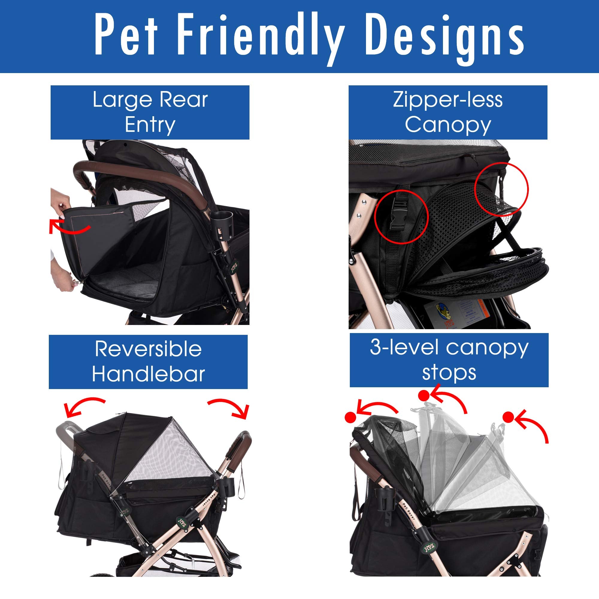 HPZ Pet Rover zipper-less canopy enables quick access to your pet outdoors.