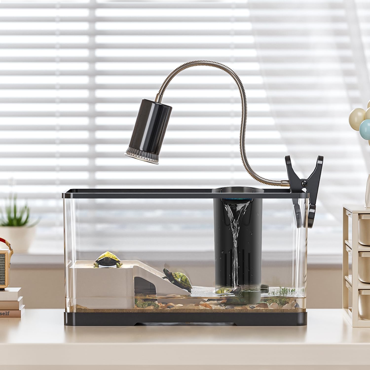 HSIFMATE Turtle Tank Kit front view highlights compact 4.7 gal habitat; easy setup.