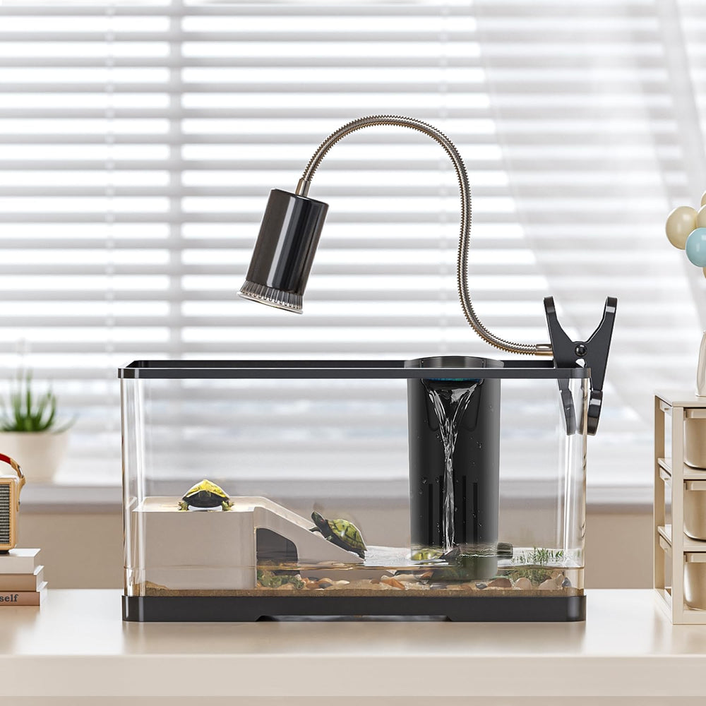 HSIFMATE Turtle Tank Kit front view highlights compact 4.7 gal habitat; easy setup.