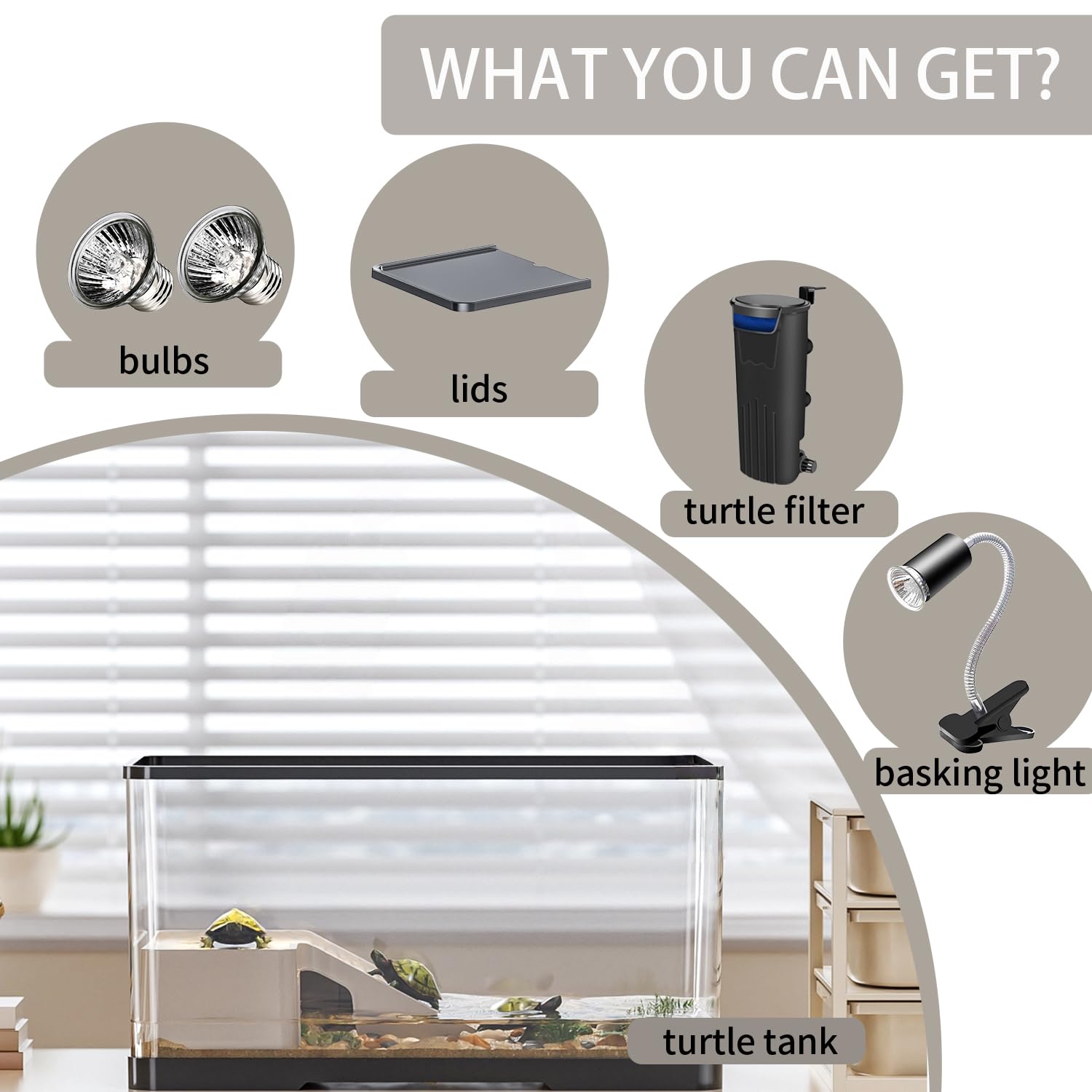 HSIFMATE Turtle Tank Kit lid and adjustable light shown for optimal basking warmth and UV.