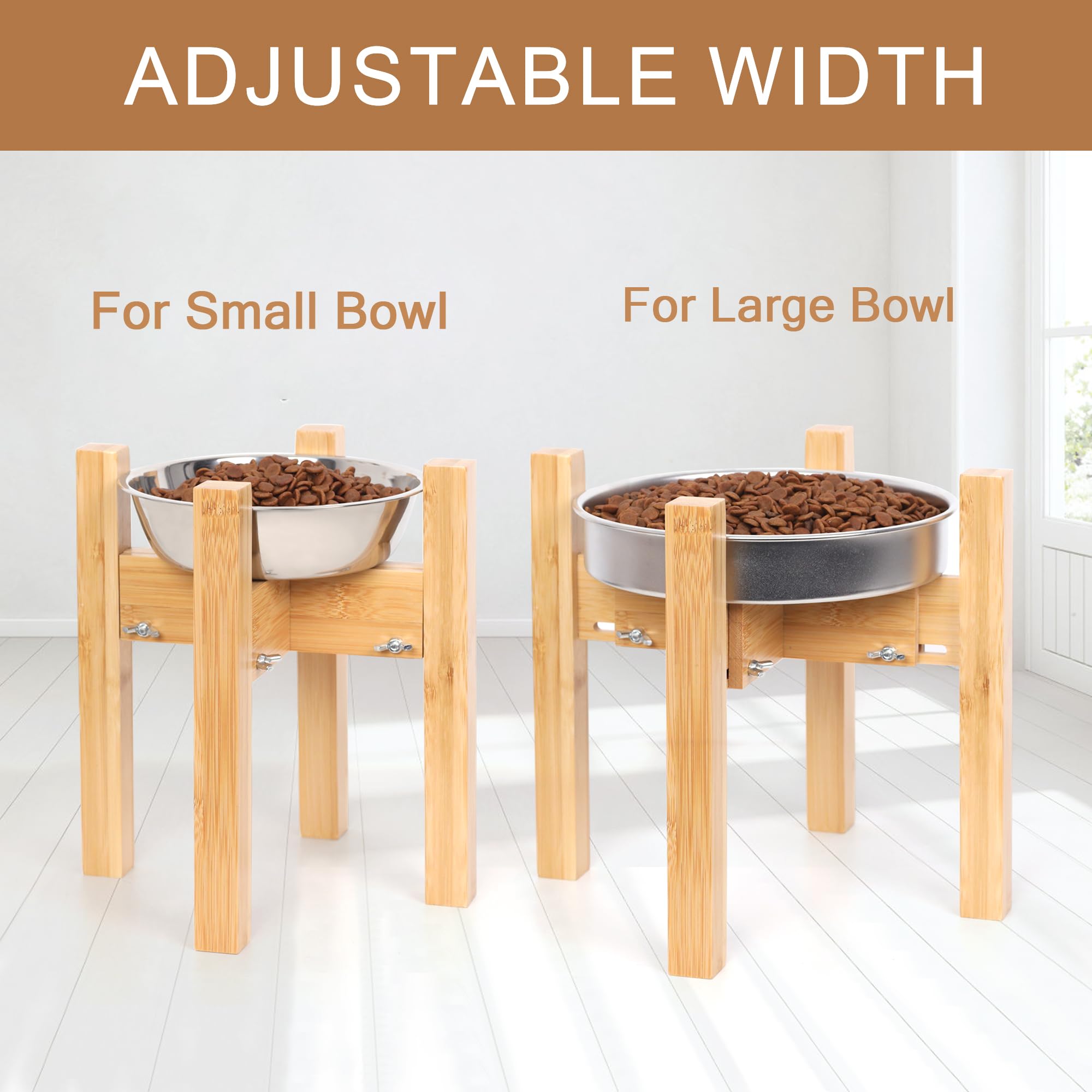 HTB elevated dog bowl stand side view shows adjustable width for bowls.