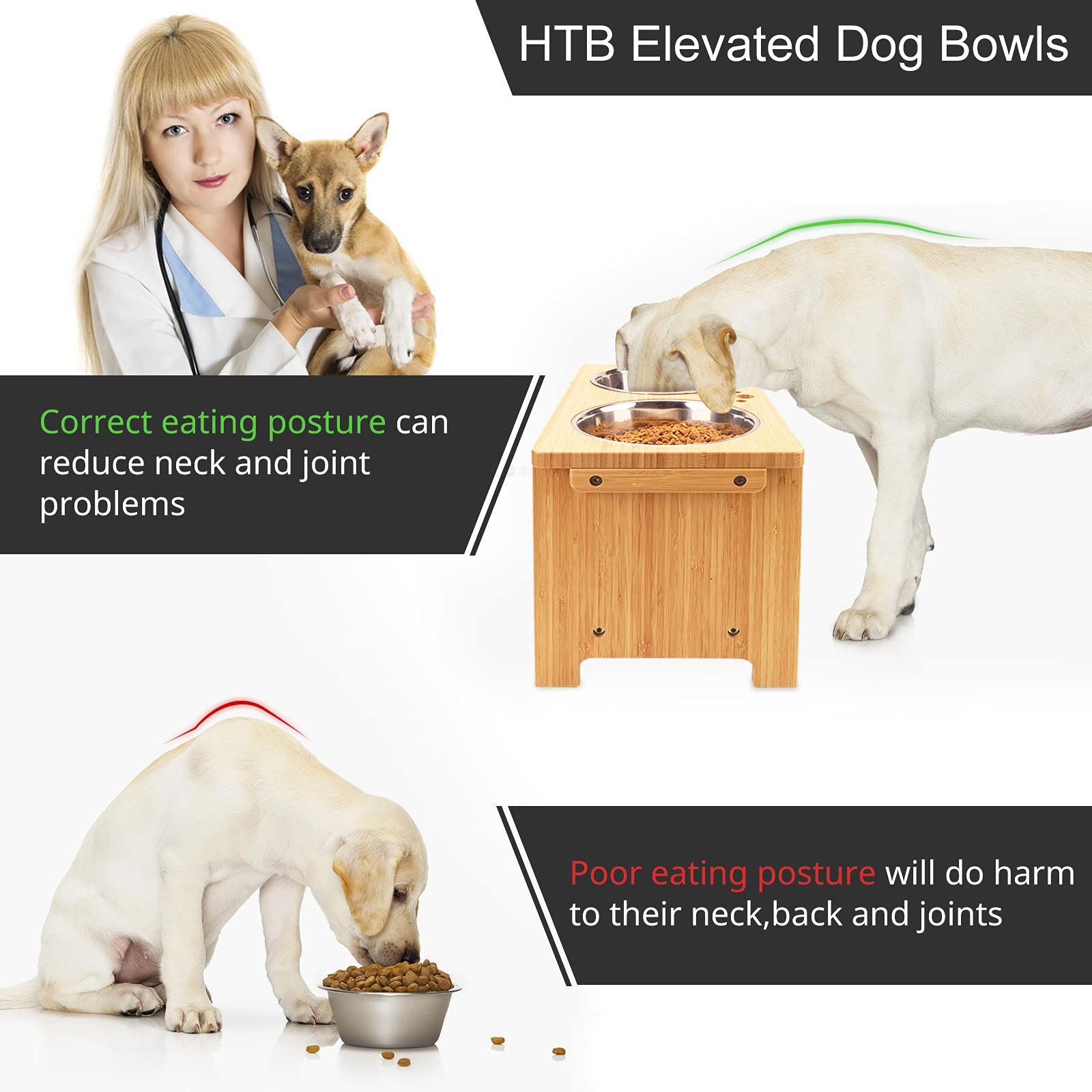 HTB elevated dog bowls suitable for large, medium, and small dogs with ergonomic design