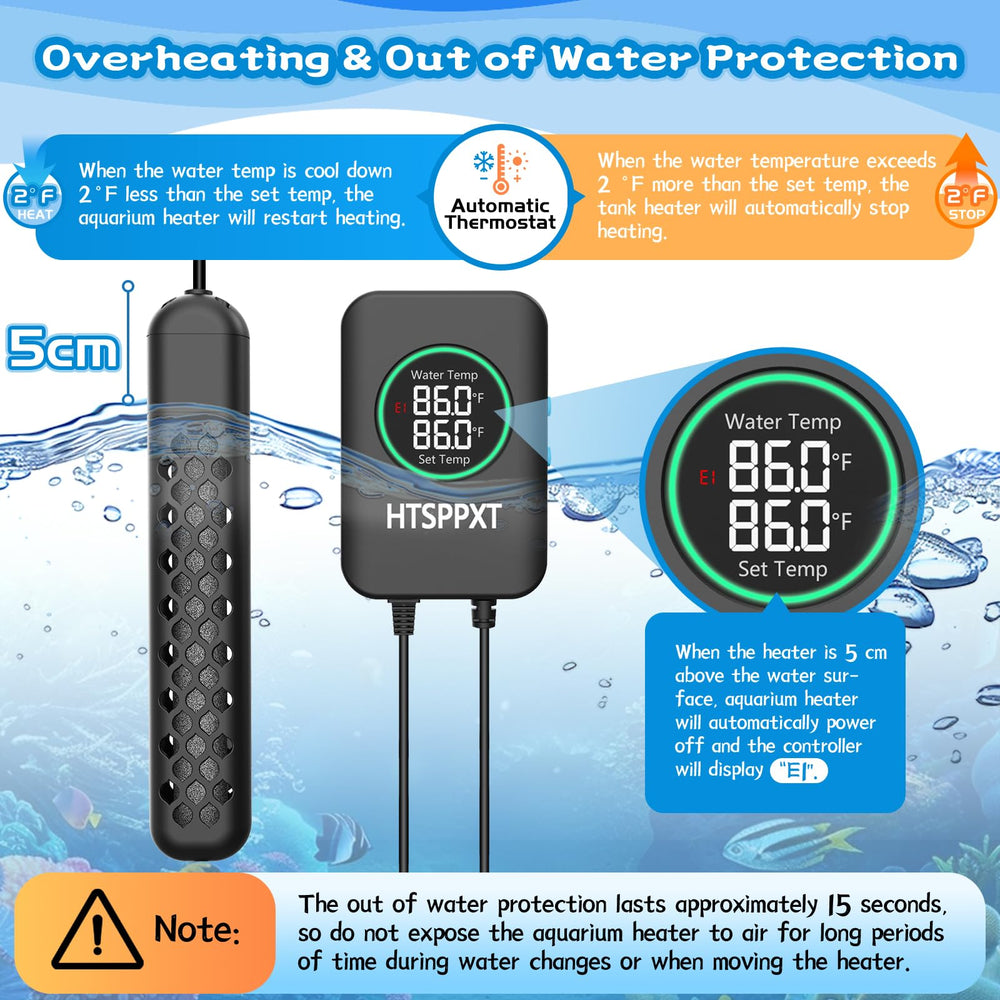 HTSPPXT Aquarium Heater with LED controller image demonstrates external control for precise temps.