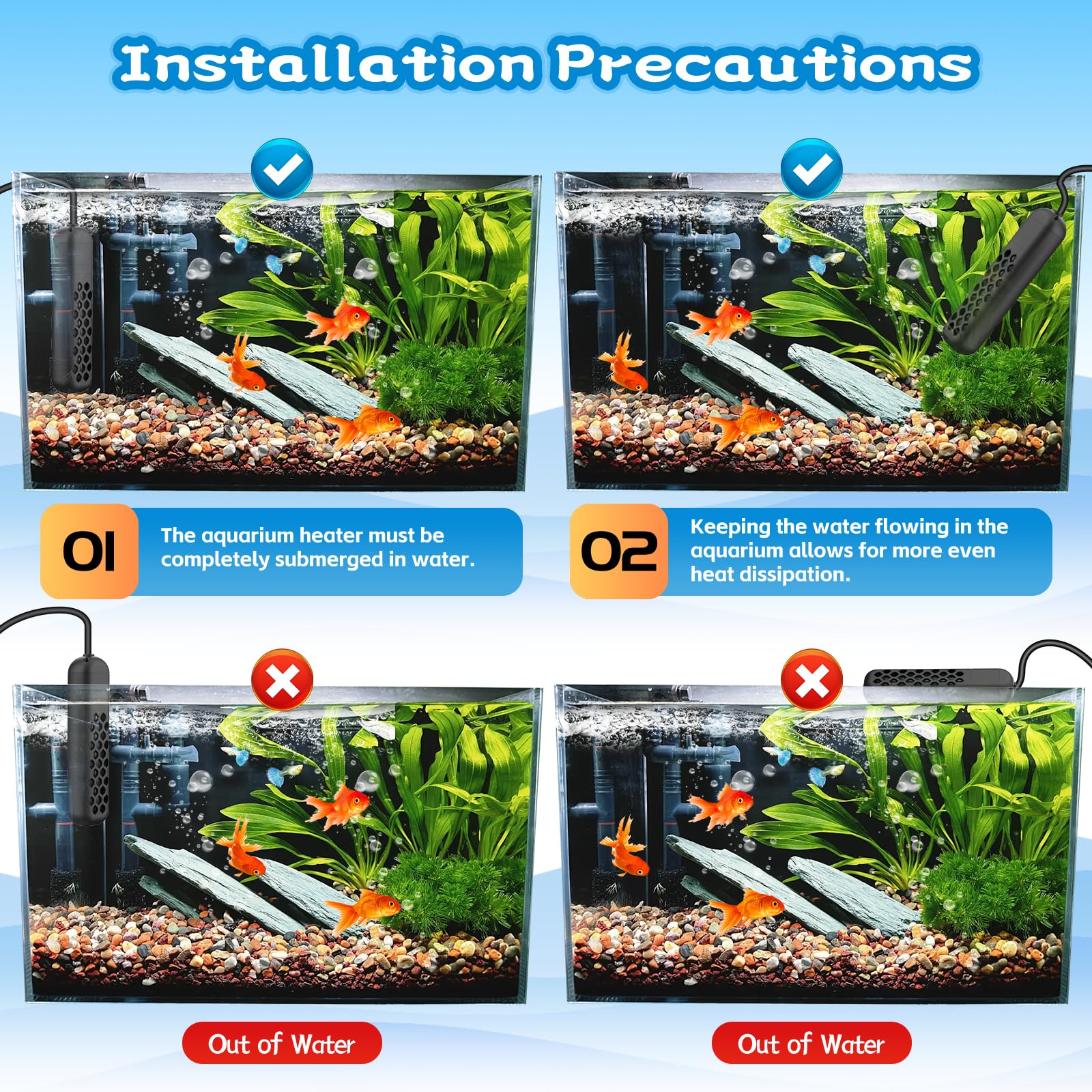 HTSPPXT Aquarium Heater overheat protection safeguards tank dwellers during heat spikes.