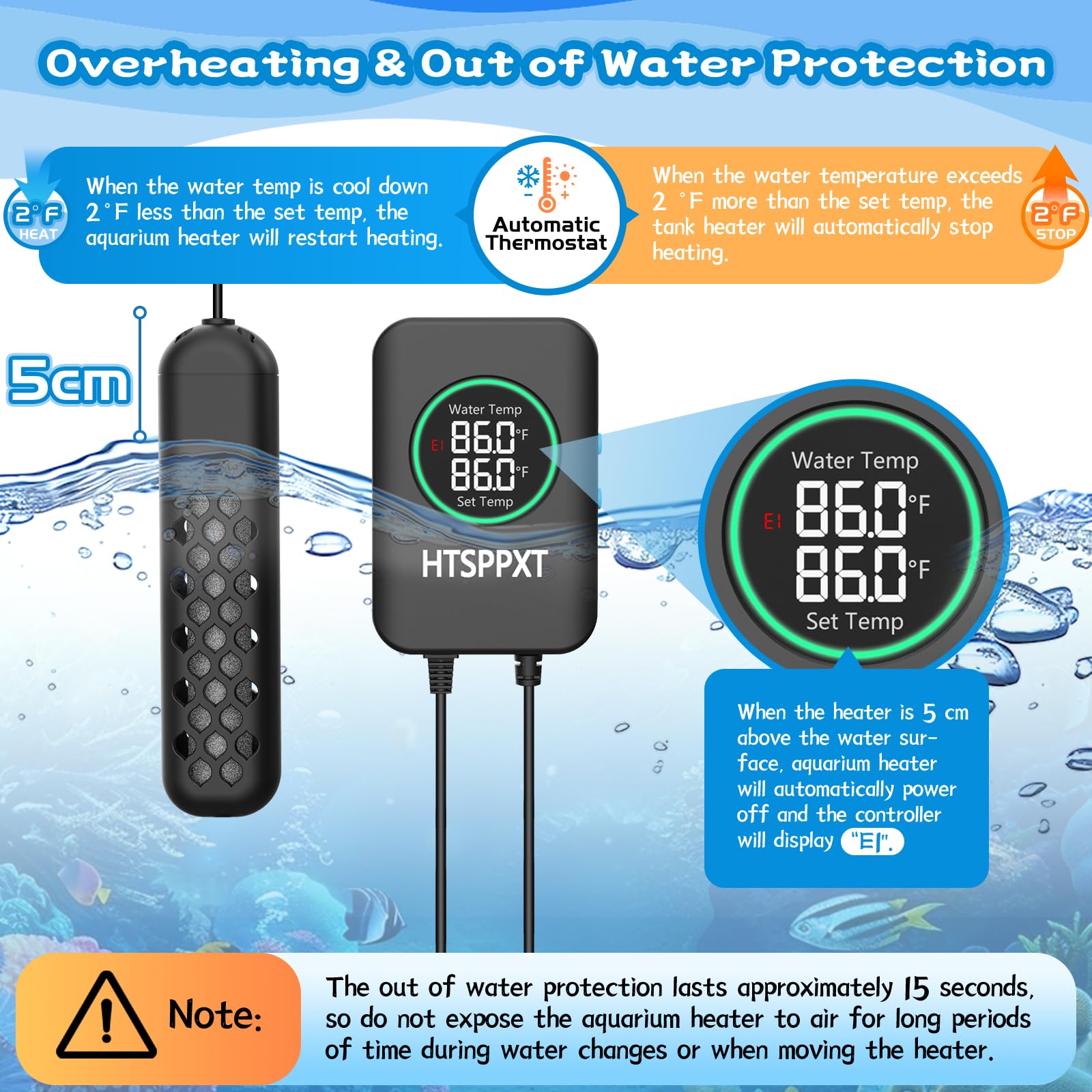 HTSPPXT Aquarium Heater suction cups enable secure mounting against tank walls.