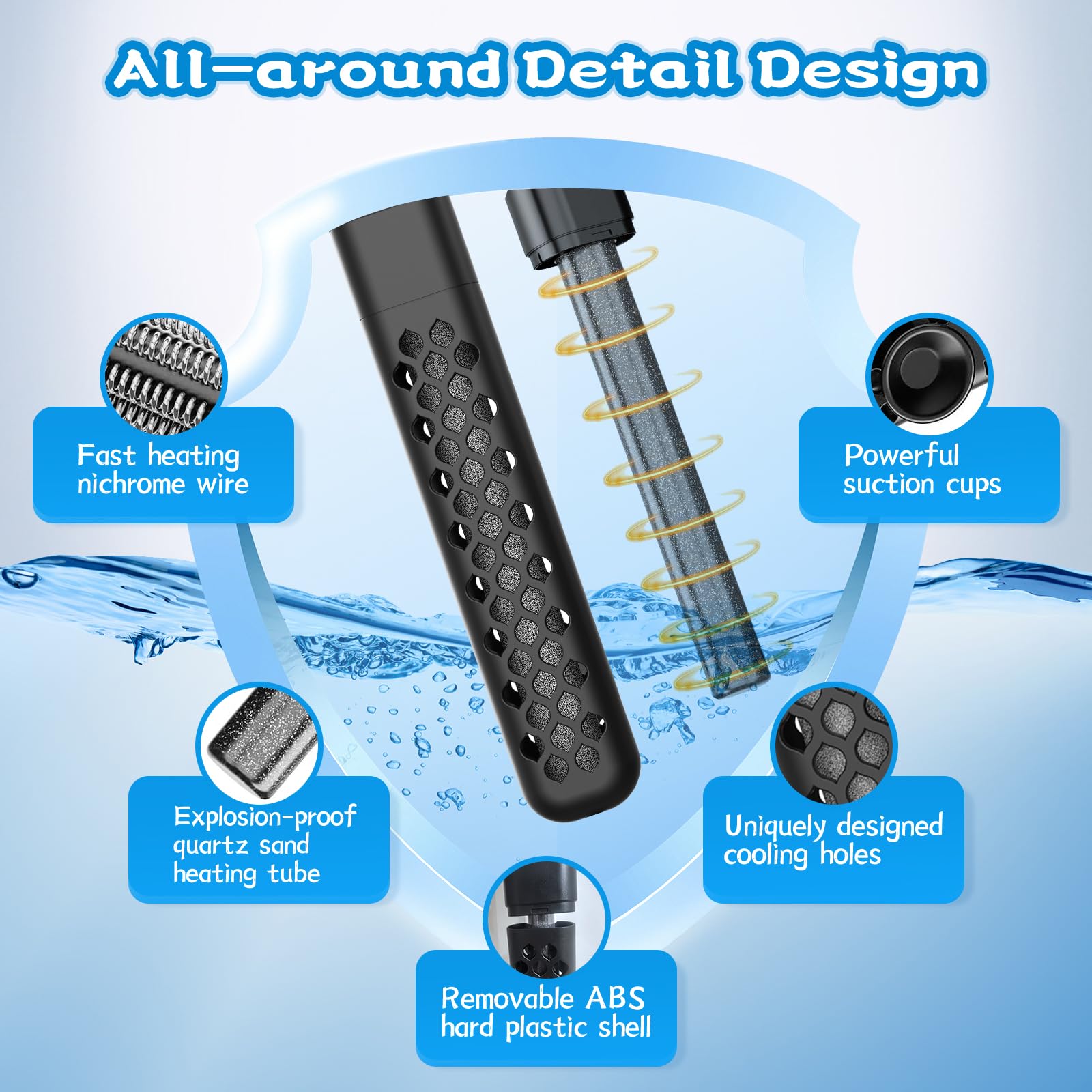 HTSPPXT Aquarium Heater suction cups image demonstrates secure mounting in tanks.