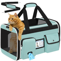 HUANLANG soft-sided cat carrier ventilation mesh demonstrates breathable airflow for calmer travel