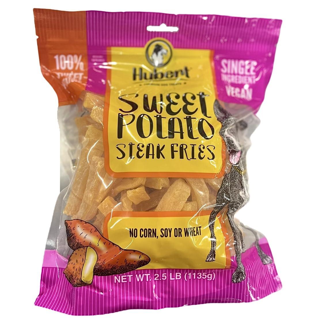 Hubert Pet Gourmet vegan sweet potato steak fries pack promotes a natural single-ingredient snack option
