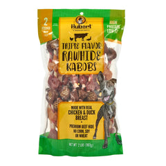 Hubert Pet Triple Flavored Rawhide Kabobs close-up showing layered chicken, duck, and pork meats for chewing