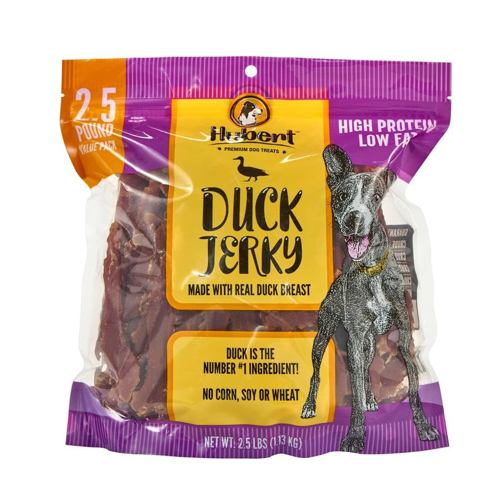 Hubert Premium Duck Jerky pack front for dog rewards and value