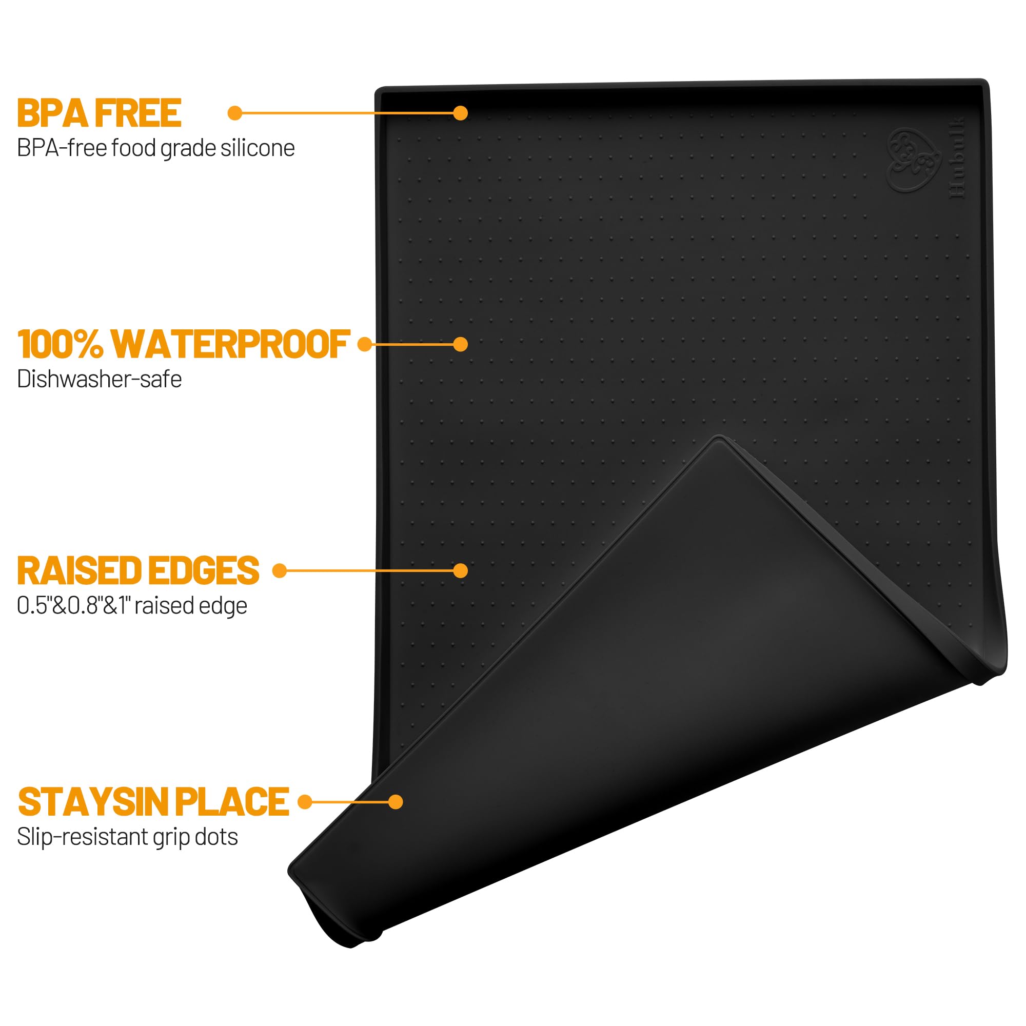Hubulk dog feeding mat 0.5-inch lip keeps spills contained on the floor.