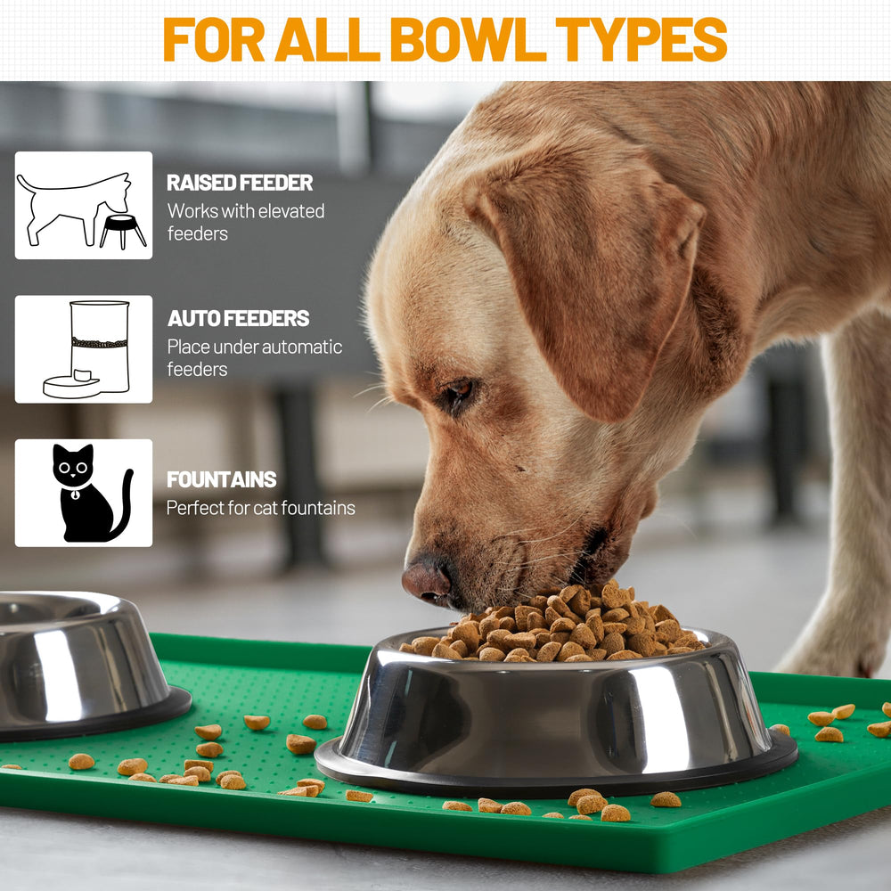 Hubulk dog feeding mat under elevated feeders protects floors while pets eat