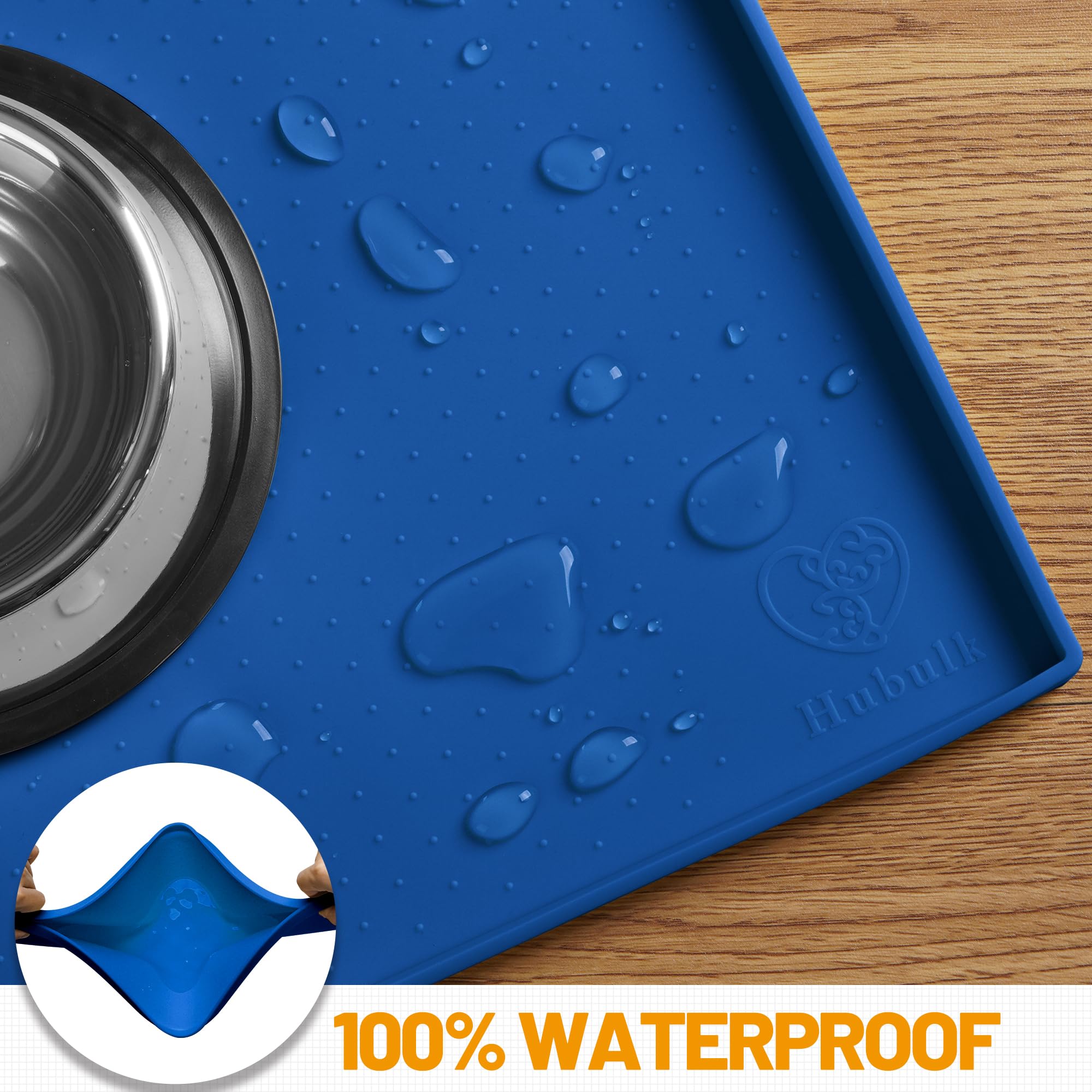 Hubulk Dog Feeding Mat navy 100-percent silicone is hypoallergenic and easy to wipe clean.