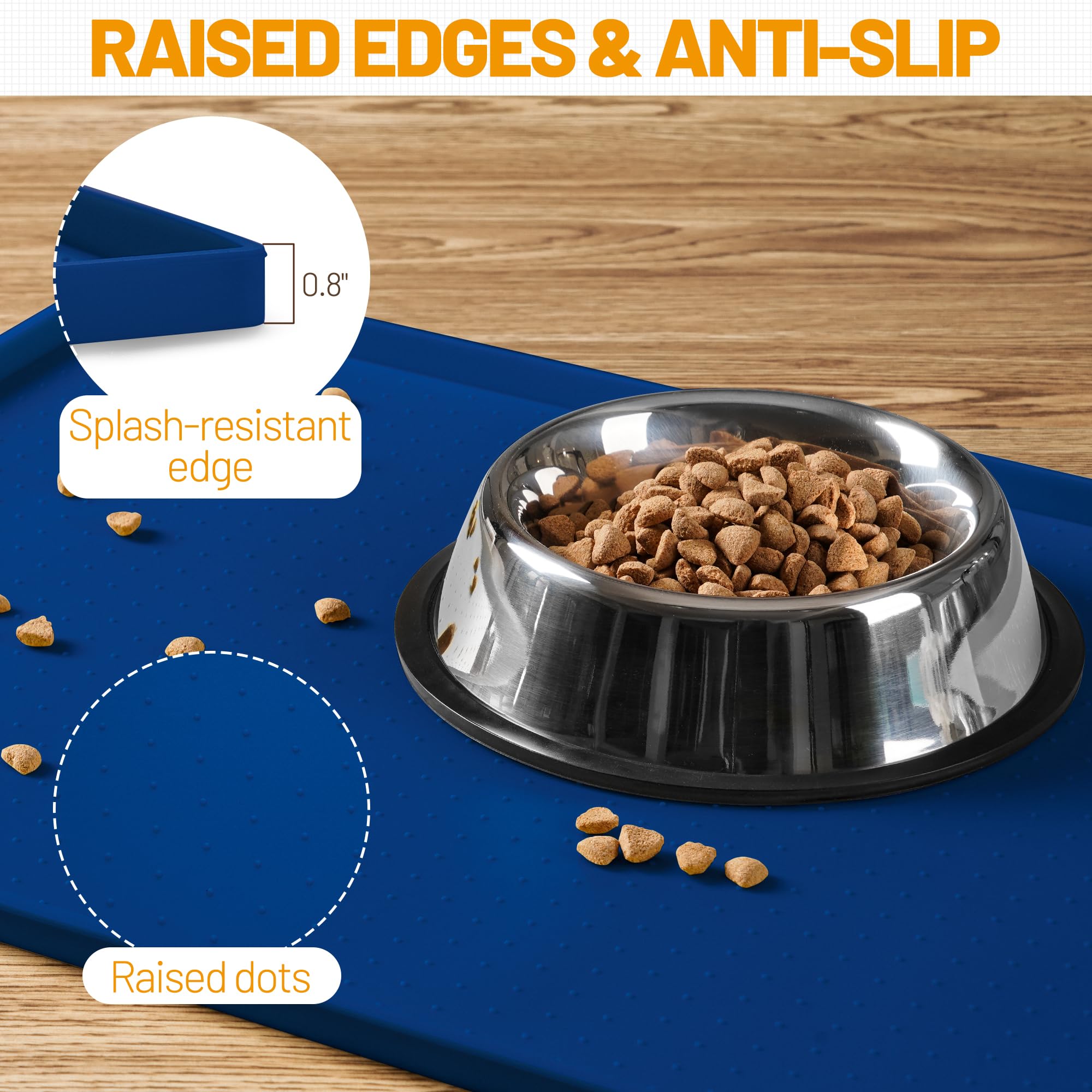 Hubulk Dog Feeding Mat navy non-slip surface keeps bowls steady during feeding.