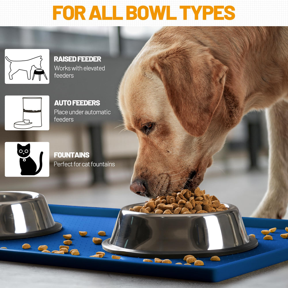 Hubulk Dog Feeding Mat navy under-bowl protection helps contain messes during feeding.