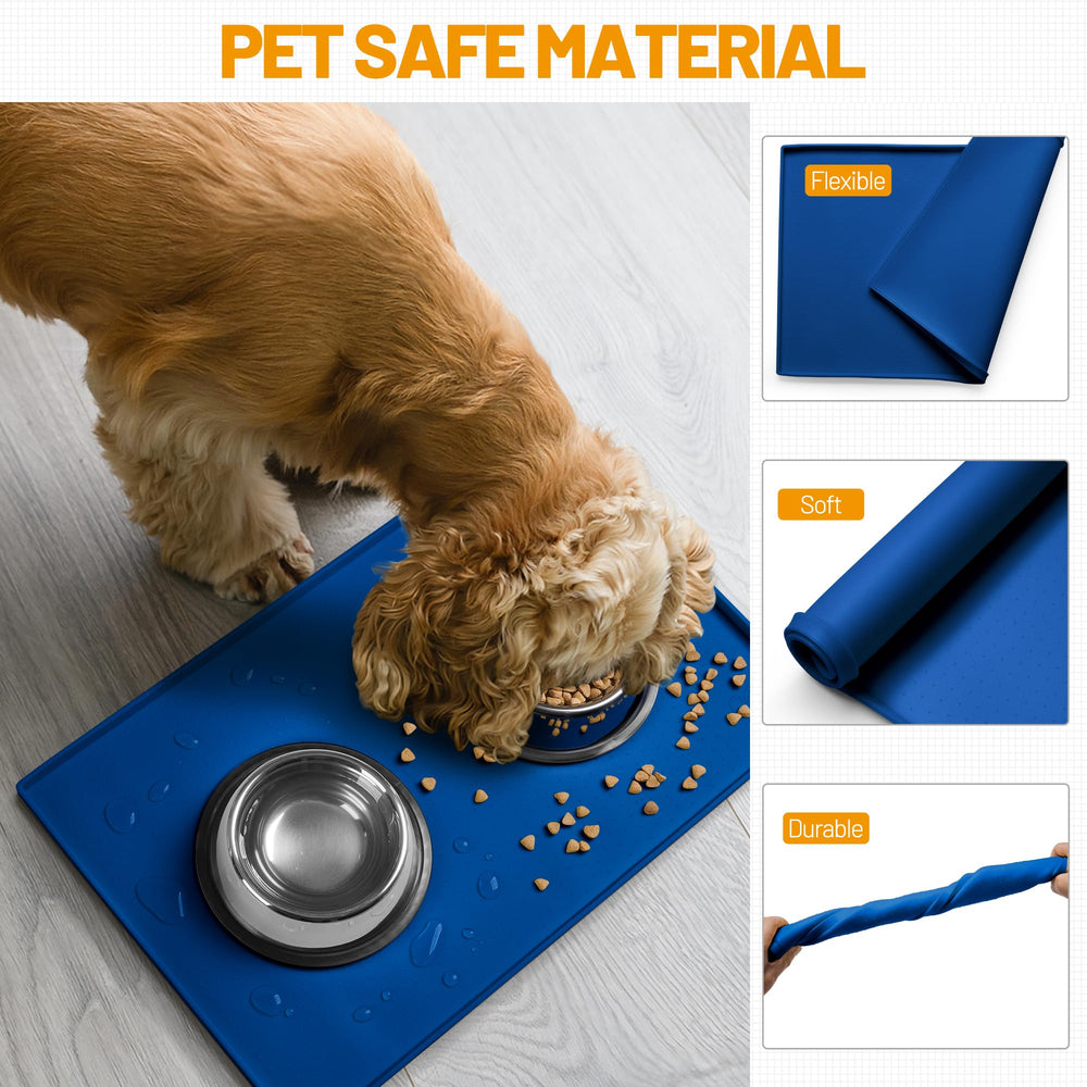 Hubulk Dog Feeding Mat navy waterproof surface protects floors from spills at fountains and feeders.