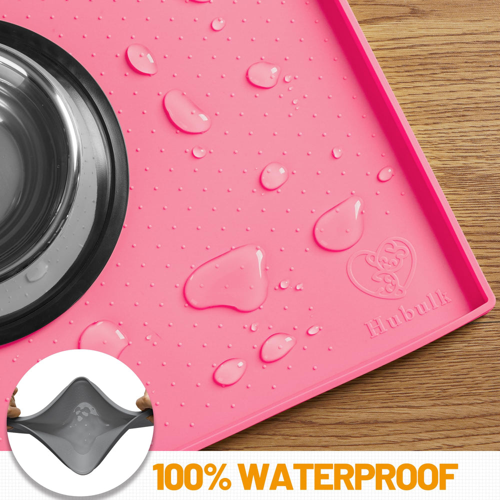 Hubulk dog feeding mat pink non-slip surface keeps bowls from sliding during enthusiastic drinking.