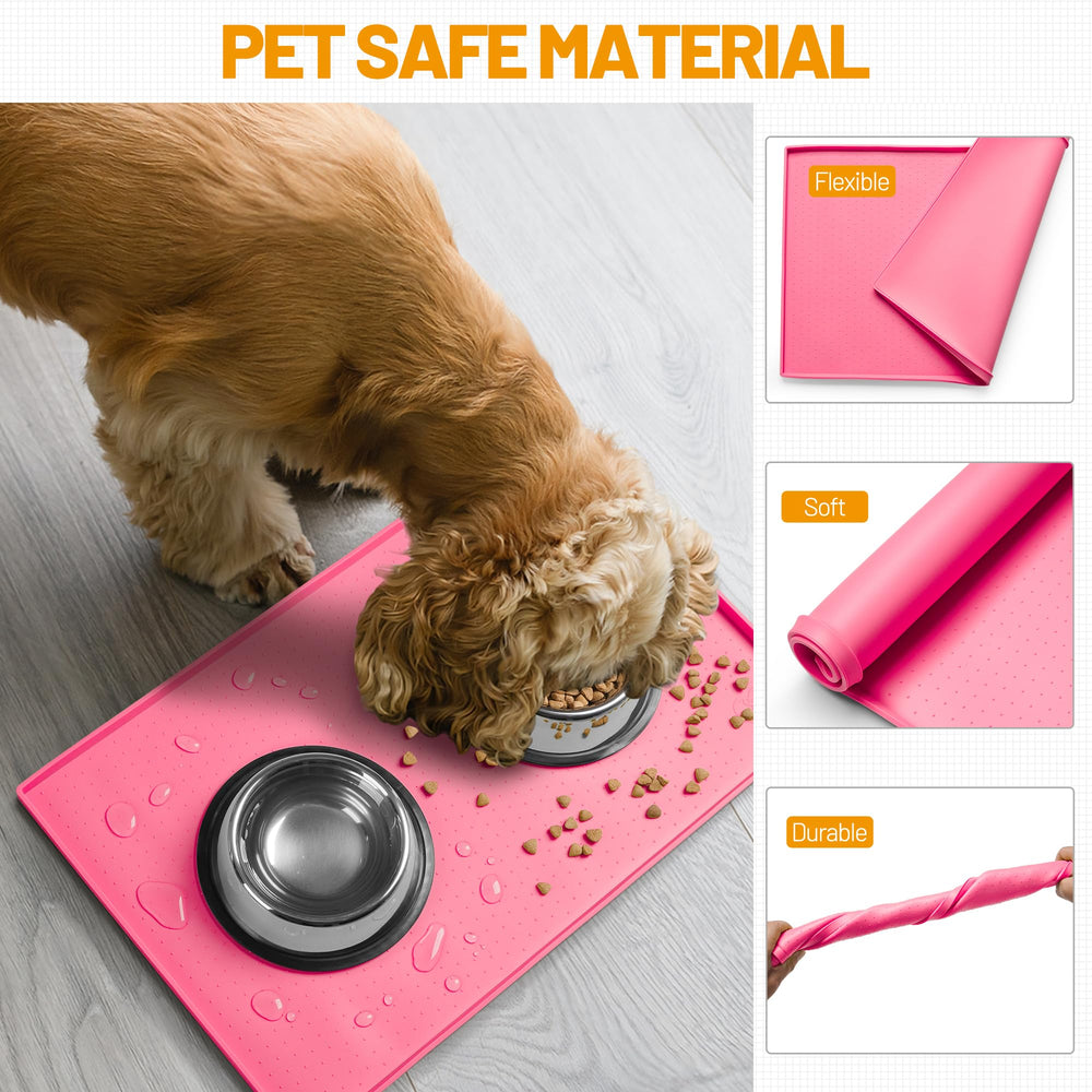 Hubulk dog feeding mat pink under-bowl use shows versatile placement under fountains and feeders.