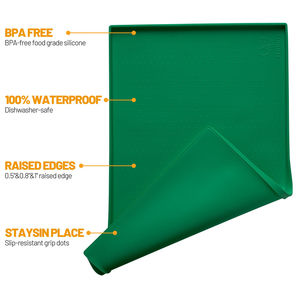 Hubulk feeding mat highlights a waterproof surface to keep messes off floors.