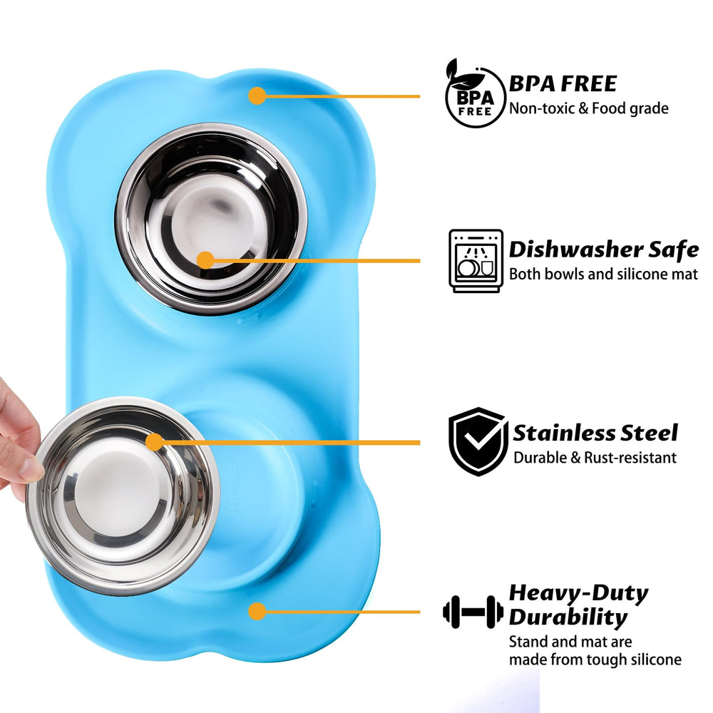 Hubulk silicone mat under bowls catches spills and protects floors.